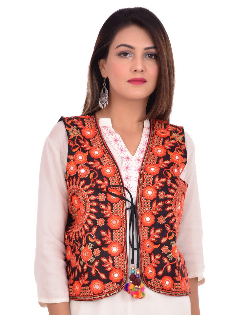 Craft Trade Ethnic Standard Length Jacket For Women Waist Coat Stylish Cotton Handmade Navratri Traditional Rajasthani Embroidered Mirror Work Gujrati Kutchi Koti For Girls-Bust Size 34-38 Inches - Image 5