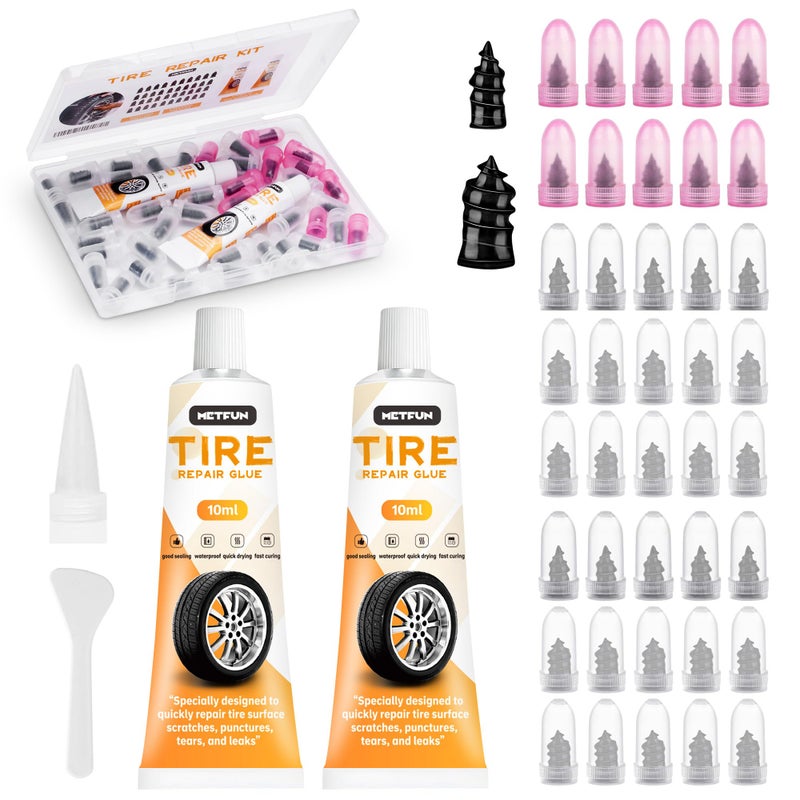 MetFun 40 PCS Tire Repair Rubber Nails Kit with 2 Tubes of Black Tire Sealant Glue, 2026 New Screw in Tire Plugs Kit, Fast Self-Service Tire Repair Screws Kit for Car Motorcycle Truck Tractor Puncture Repair - Image 1