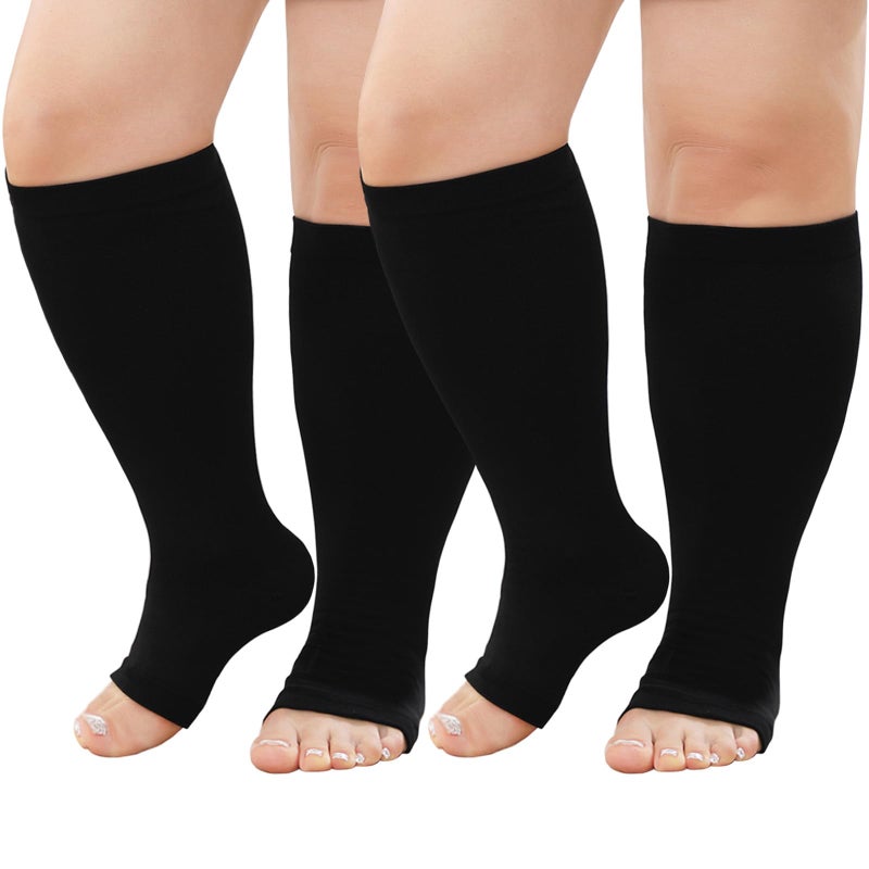 CaiDieNu Plus Size Compression Socks: Open Toe Wide Calf Compression Socks for Women and Men Knee High Toeless Nurse Travel Black 3XL - Image 1