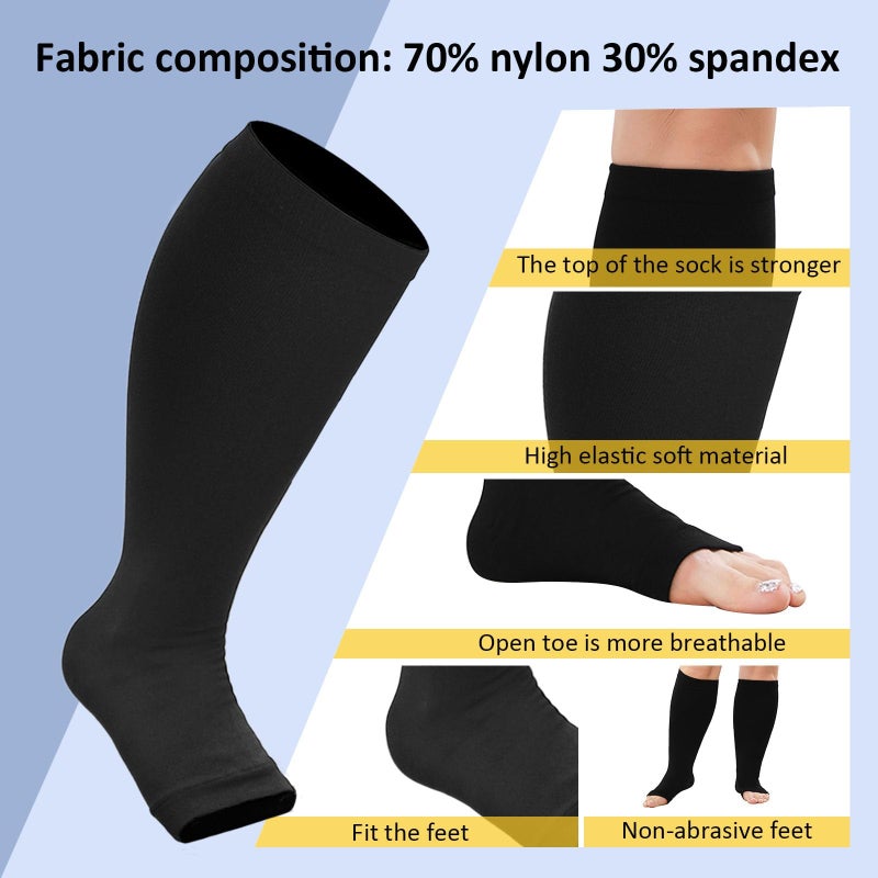 CaiDieNu Plus Size Compression Socks: Open Toe Wide Calf Compression Socks for Women and Men Knee High Toeless Nurse Travel Black 3XL - Image 2