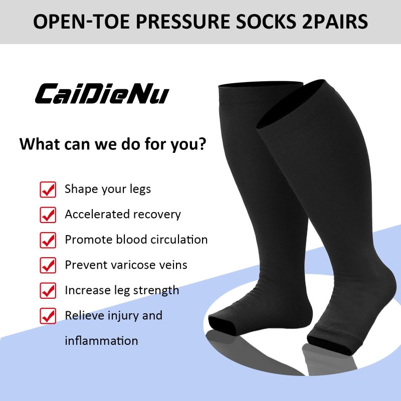 CaiDieNu Plus Size Compression Socks: Open Toe Wide Calf Compression Socks for Women and Men Knee High Toeless Nurse Travel Black 3XL - Image 3