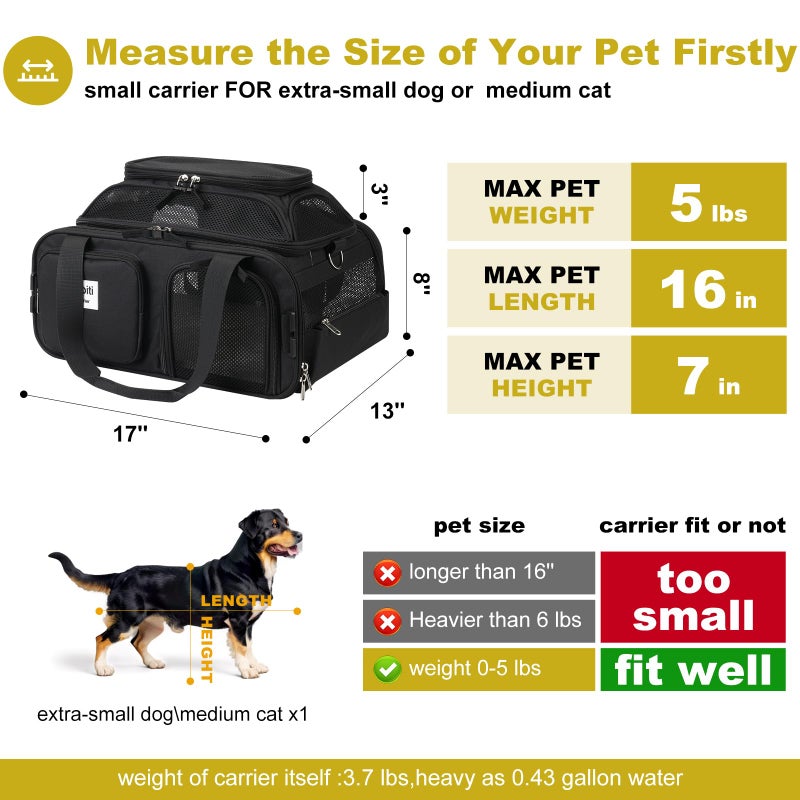 pidipiti 17x13x8 Frontier Allegiant Breeze Airline Approved top Expandable pet Carrier for Extra-Small Dog/Small cat up to 5 lbs(All Black) - Image 2