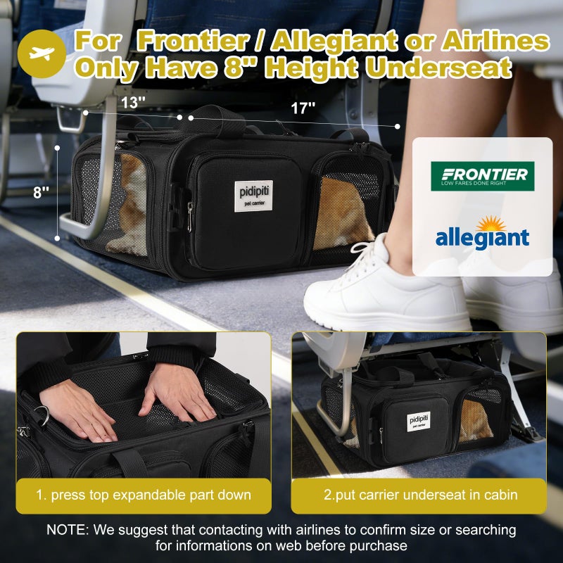 pidipiti 17x13x8 Frontier Allegiant Breeze Airline Approved top Expandable pet Carrier for Extra-Small Dog/Small cat up to 5 lbs(All Black) - Image 3