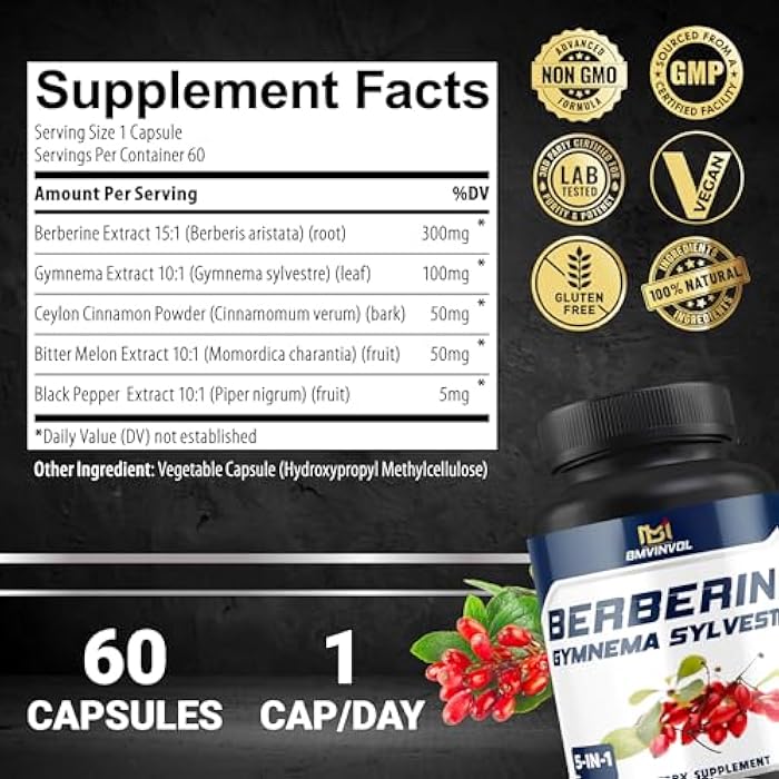 BMVINVOL 5-in-1 Berberine Supplement with Ceylon Cinnamon, Gymnema Sylvestre, Bitter Melon & Black Pepper - Supports Immune Function, Cardiovascular Heart (60 Count) - Image 2
