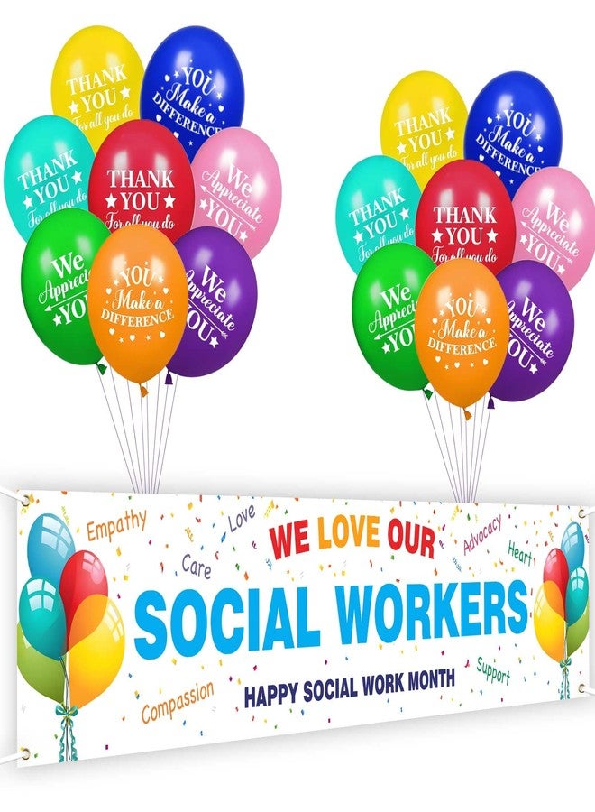 Ticuenicoa Social Worker Appreciation Month Decorations, 98x20" We Love Our Social Workers Banner with 16 Balloons, Social Worker Gifts, Employee & Teacher Appreciation, Work Anniversary Decorations - Image 1