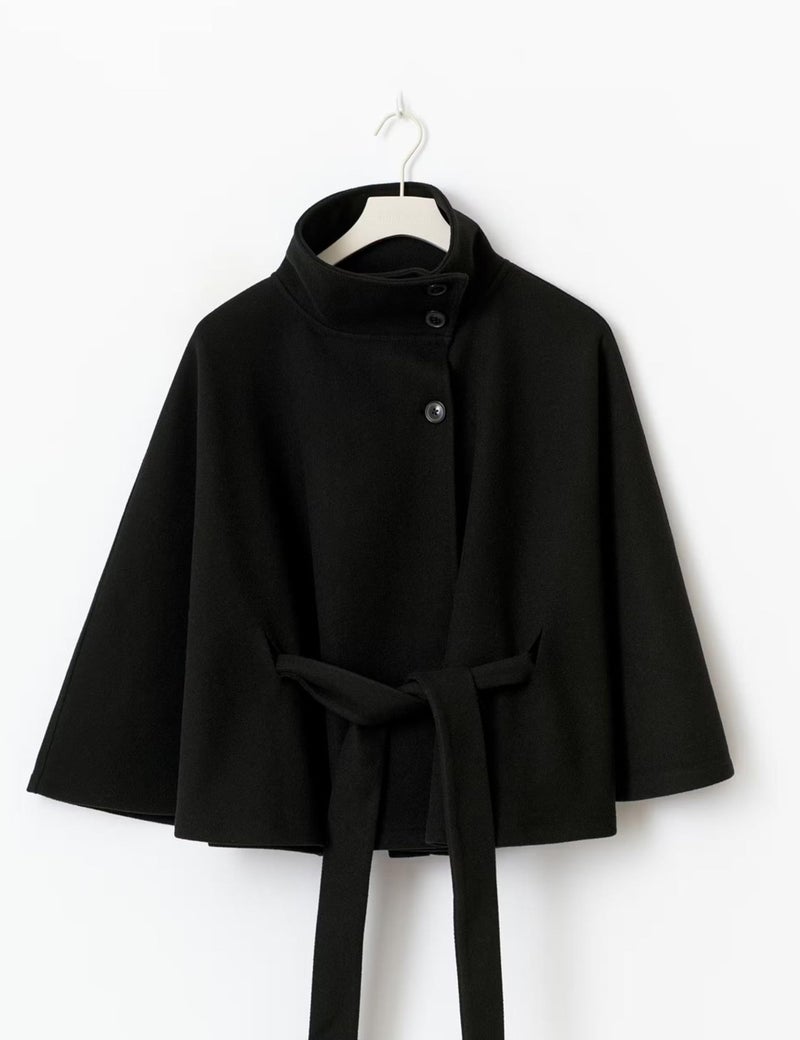 OPCAKM Women's Batwing Sleeve Poncho Coat Oversized Winter Pea Coat Stand Collar Cropped Cape Jacket with Belt(Black-S) - Image 5