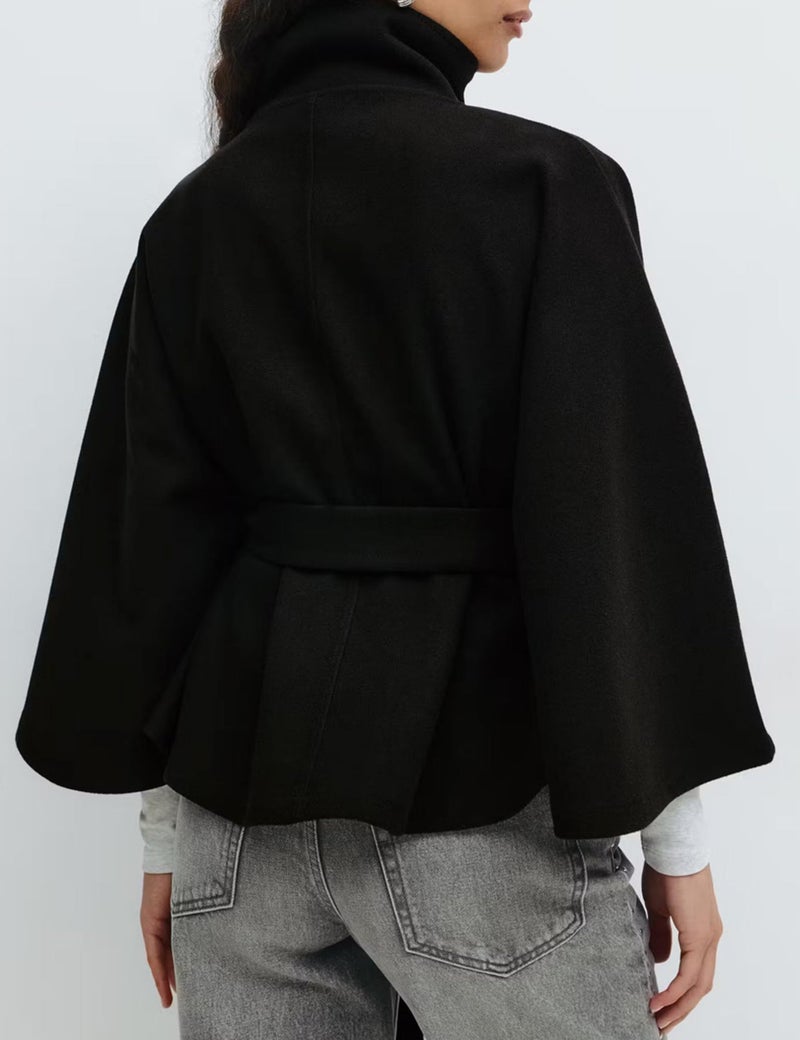 OPCAKM Women's Batwing Sleeve Poncho Coat Oversized Winter Pea Coat Stand Collar Cropped Cape Jacket with Belt(Black-S) - Image 3