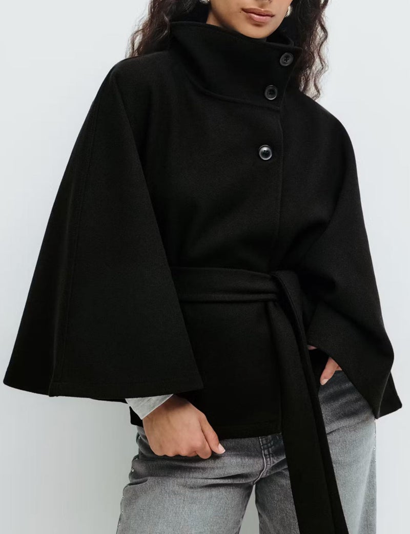 OPCAKM Women's Batwing Sleeve Poncho Coat Oversized Winter Pea Coat Stand Collar Cropped Cape Jacket with Belt(Black-S) - Image 2