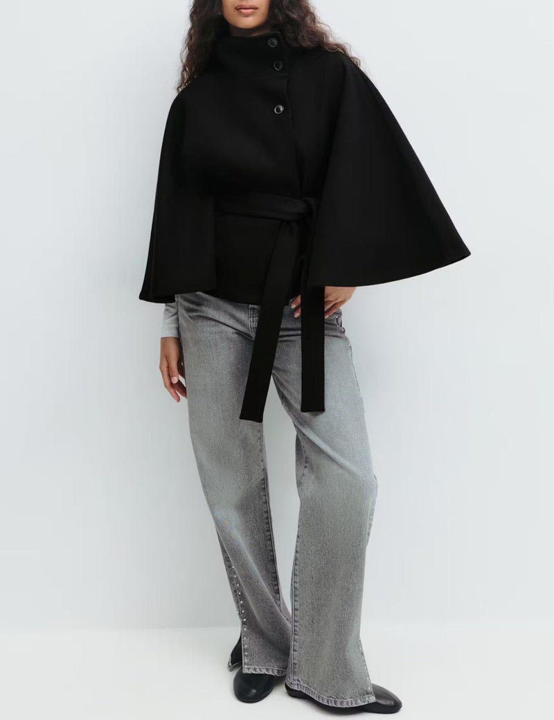 OPCAKM Women's Batwing Sleeve Poncho Coat Oversized Winter Pea Coat Stand Collar Cropped Cape Jacket with Belt(Black-S) - Image 4