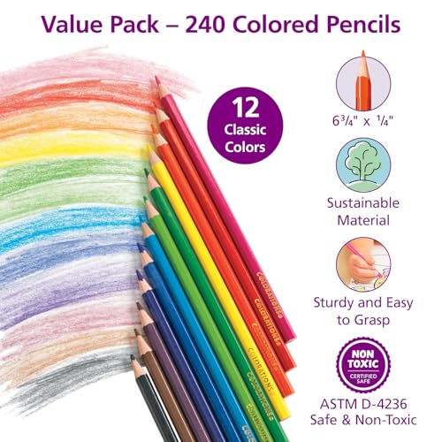 Colorations Color Pencils, Set of 240, Pre-sharpened, 12 Colors, Thick Core, Hexagonal, Harvested Wood, Classroom Supplies - Image 2
