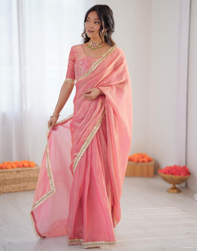 SIRIL Women's Ready To Wear Saree For Women Shimmer Tissue Readymade Stiched Gota Lace Saree With Sequence Embroidered Gota Lace Unstitched Blouse Piece (89RS101_Coral Pink) - Image 5