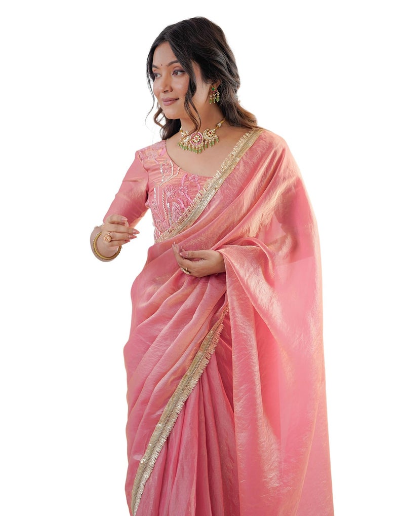 SIRIL Women's Ready To Wear Saree For Women Shimmer Tissue Readymade Stiched Gota Lace Saree With Sequence Embroidered Gota Lace Unstitched Blouse Piece (89RS101_Coral Pink) - Image 1