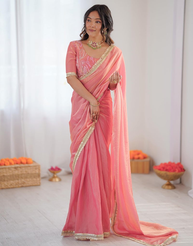 SIRIL Women's Ready To Wear Saree For Women Shimmer Tissue Readymade Stiched Gota Lace Saree With Sequence Embroidered Gota Lace Unstitched Blouse Piece (89RS101_Coral Pink) - Image 2