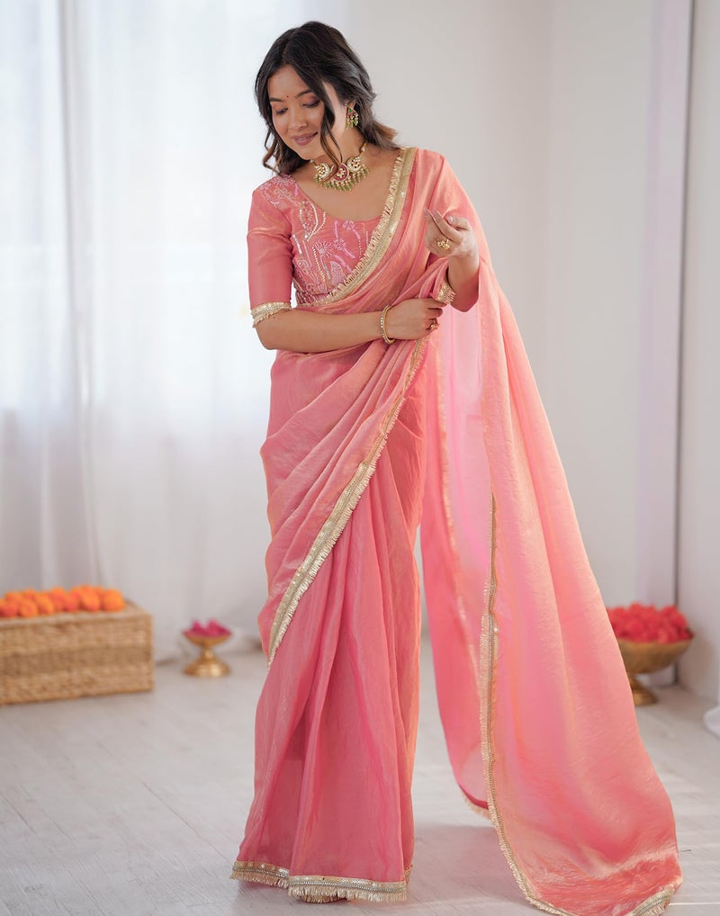 SIRIL Women's Ready To Wear Saree For Women Shimmer Tissue Readymade Stiched Gota Lace Saree With Sequence Embroidered Gota Lace Unstitched Blouse Piece (89RS101_Coral Pink) - Image 4