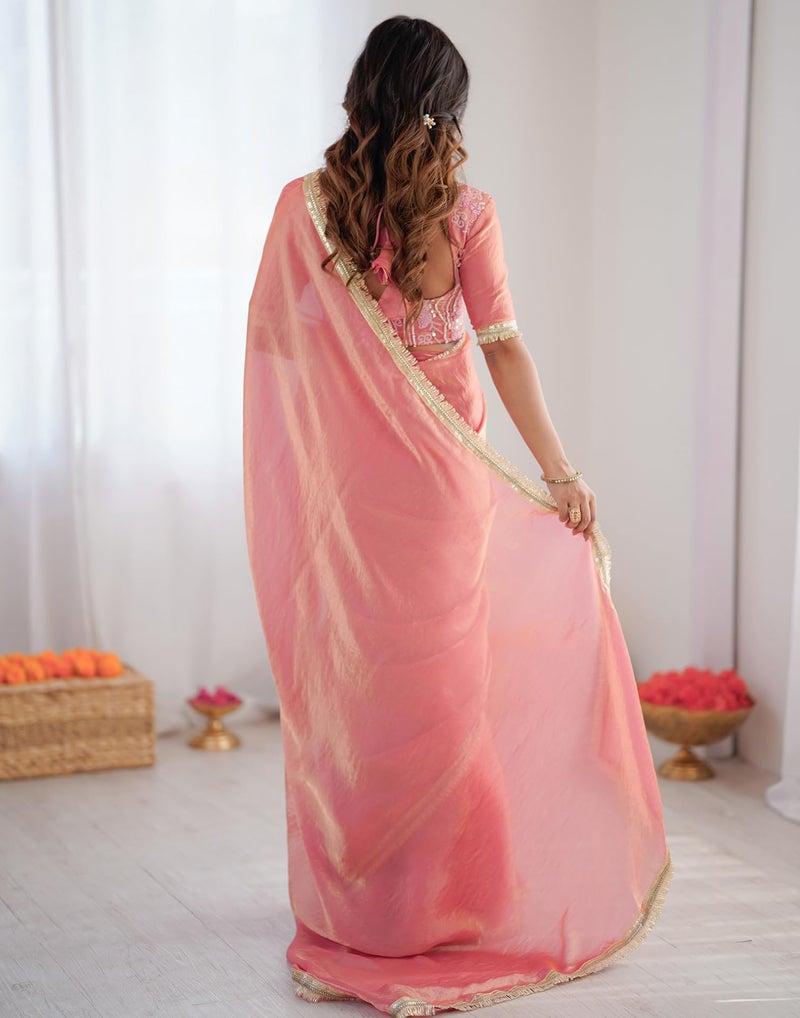 SIRIL Women's Ready To Wear Saree For Women Shimmer Tissue Readymade Stiched Gota Lace Saree With Sequence Embroidered Gota Lace Unstitched Blouse Piece (89RS101_Coral Pink) - Image 3