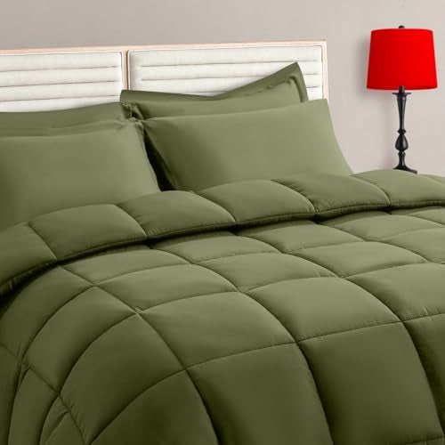 TAIMIT Olive Green King Comforter Set - 7 Pieces, Bed in a Bag Bedding Sets with All Season Soft Quilted Warm Fluffy Comforter,Flat Sheet,Fitted Sheet,2 Pillow Shams,2 Pillowcases - Image 1