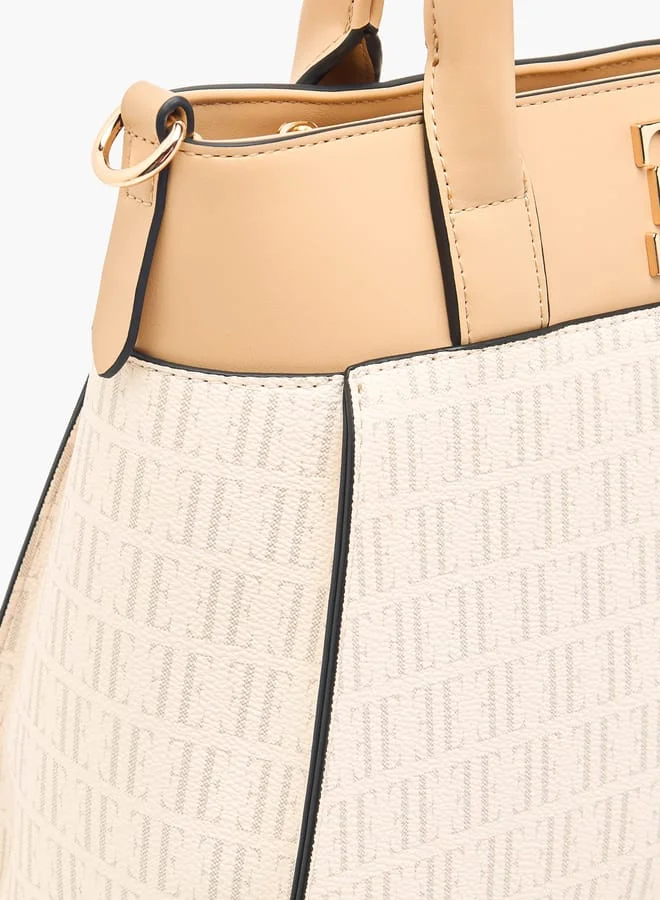 ELLE Women Monogram Print Tote Bag with Top Handles and Zip Closure