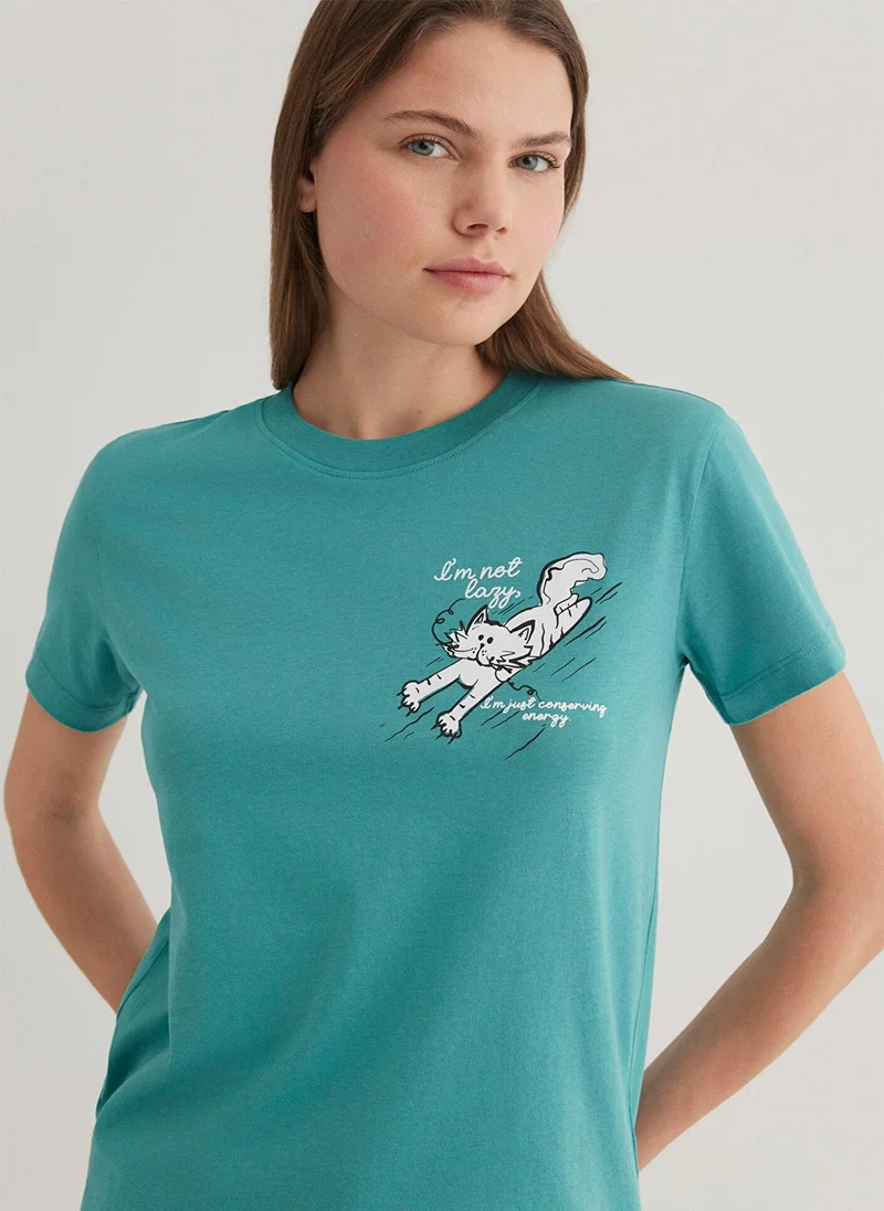 MAVI Green T-Shirt with Cat Print