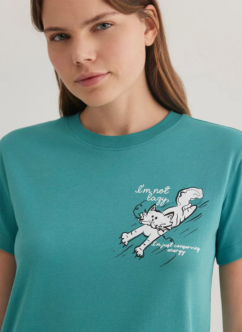 MAVI Green T-Shirt with Cat Print