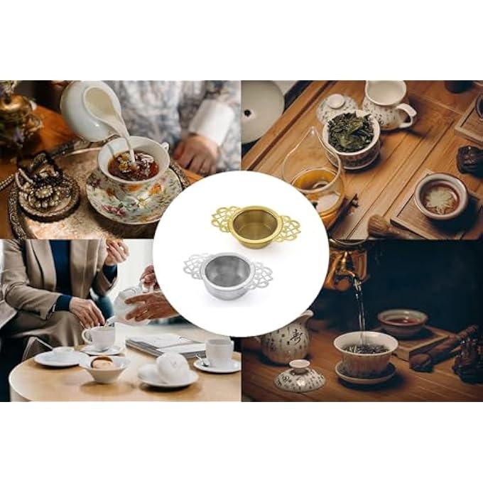 ريحني مصافي الشاي - عبوتان من مصافي أوراق الشاي السائبة المصنوعة من الفولاذ المقاوم للصدأ مع أوعية للتنقيط، ومقابض مزدوجة من الدانتيل، ومصفاة شاي سائبة تقليدية، وفلتر شاي شبكي فائق الدقة - Image 3