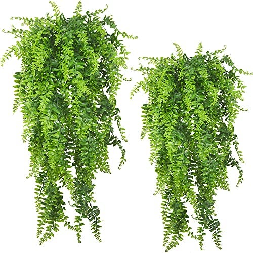 Antspirit 2pack Artificial Fake Hanging Ferns Plants Vine Fake Ivy Boston Outdoor UV Resistant Plastic (Green) - Image 1