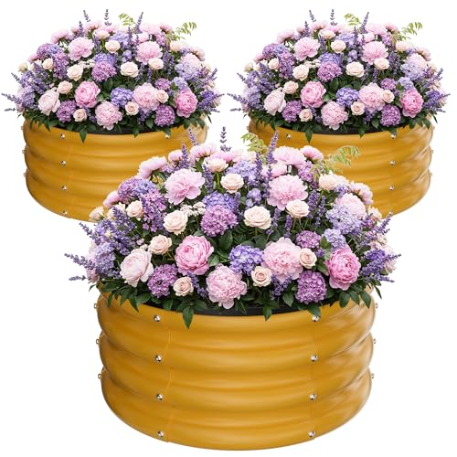 ZXZYHFTY Round Galvanized Raised Garden Bed kit,Yellow Outdoor Garden Raised Planter Box, Round Large Metal Raised Garden Beds for Vegetable 2 * 2 * 1ft 3 Pcs - Image 1