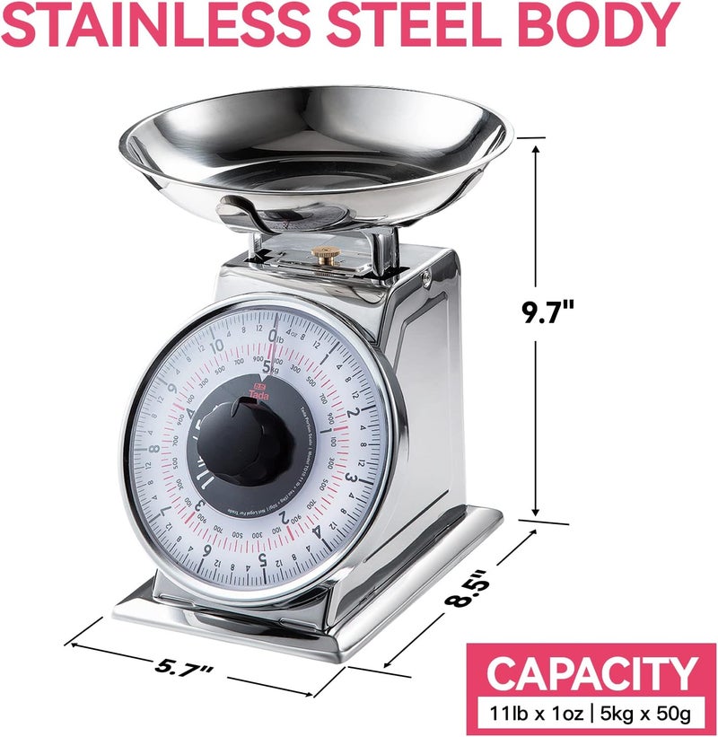ta da 11lb Analog Mechanical Kitchen Weighing Food Scale with Bowl, Tare Function, Retro Style, Stainless Steel - Image 5