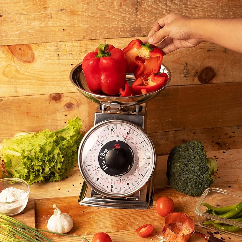 ta da 11lb Analog Mechanical Kitchen Weighing Food Scale with Bowl, Tare Function, Retro Style, Stainless Steel - Image 4