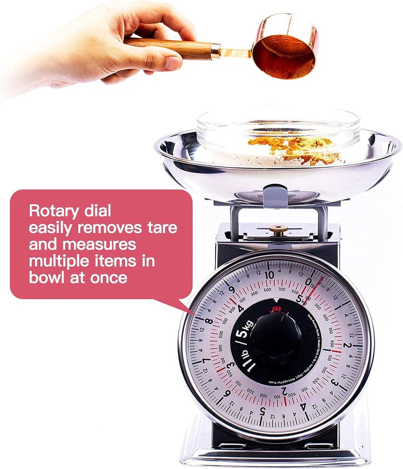 ta da 11lb Analog Mechanical Kitchen Weighing Food Scale with Bowl, Tare Function, Retro Style, Stainless Steel - Image 2