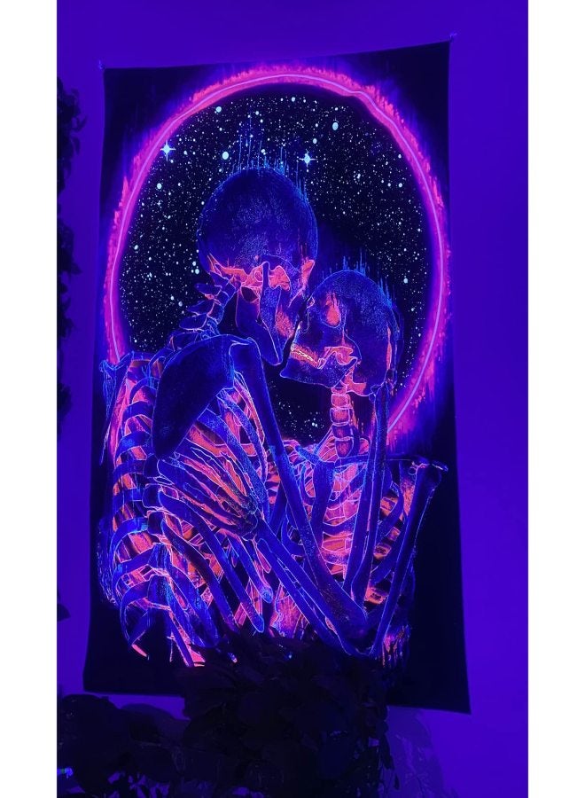 Blacklight Skull Tapestry, The Kissing Lovers Tapestry UV Reactive Trippy Neon Tapestries Glow in The Dark Party Backdrop, Skeleton Wall Art for Bedroom Living Room - Image 4