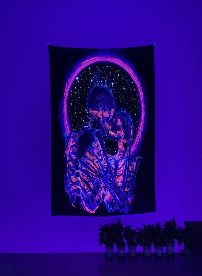 Blacklight Skull Tapestry, The Kissing Lovers Tapestry UV Reactive Trippy Neon Tapestries Glow in The Dark Party Backdrop, Skeleton Wall Art for Bedroom Living Room - Image 5