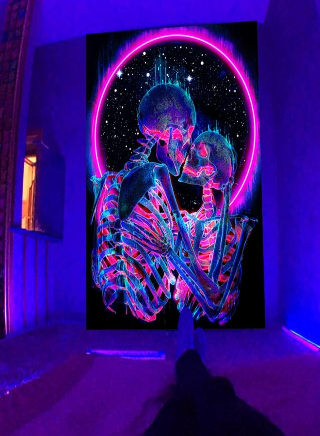 Blacklight Skull Tapestry, The Kissing Lovers Tapestry UV Reactive Trippy Neon Tapestries Glow in The Dark Party Backdrop, Skeleton Wall Art for Bedroom Living Room - Image 3
