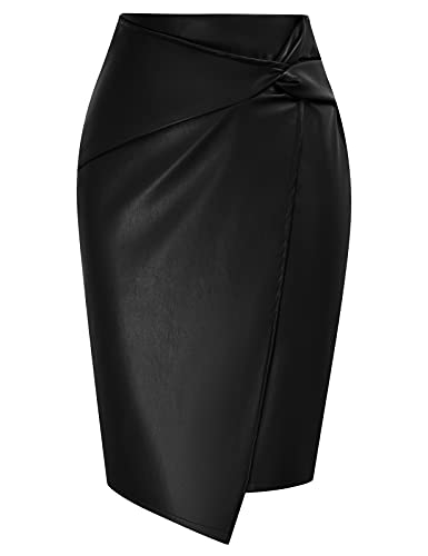 Kate Kasin Women's Side Wrap Knot Leather Pencil Skirt Zip-up High Waist Knee Length Business Skirts Black L - Image 1
