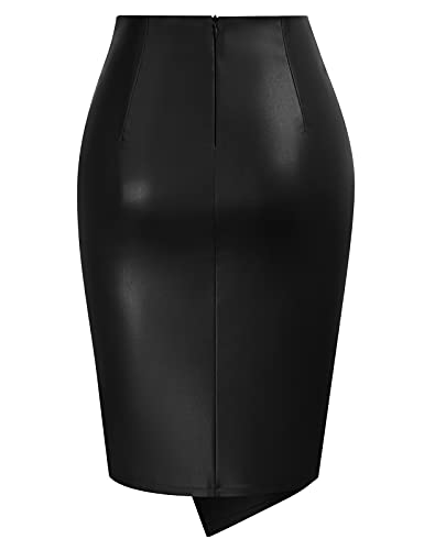 Kate Kasin Women's Side Wrap Knot Leather Pencil Skirt Zip-up High Waist Knee Length Business Skirts Black L - Image 2