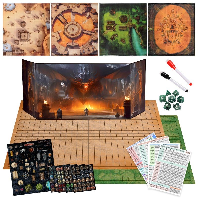 CZYY Foldable Battle Mat with DM Screen Game Tokens Dice Set 2Sided Wet Dry Erase Terrain Ultimate DND Starter Set Accessories Gift for Dungeon Master Player - Image 2