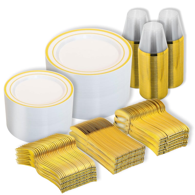 N9R 600PCS Disposable Plastic Plates Gold Plastic Dinnerware Set Includes 100 Dinner Plates Dessert Plate Cups Spoons Forks Knives for 100 Guests Perfect for Party Wedding Birthday