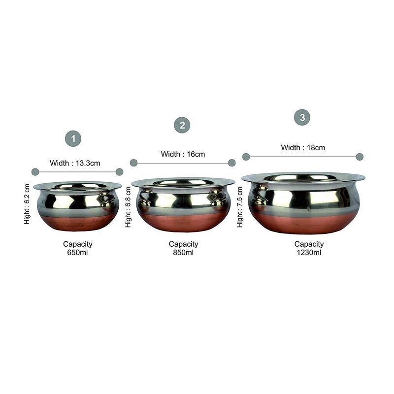 RBGIIT Mirror Finish Stainless Steel deep VesselParabhu ChettyCooking Serving Pot for Kitchen3 pcs Copper Handi - Image 3
