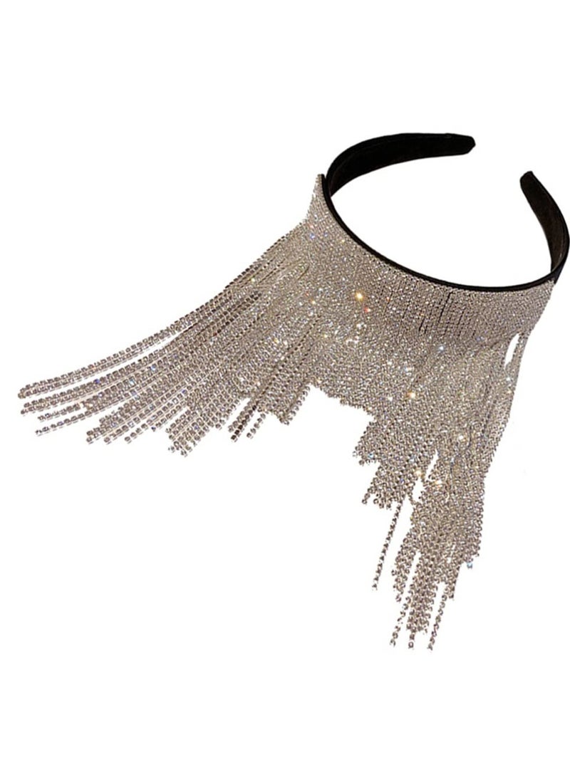 Excefore Silver Rhinestone Tassel Headband Sparkly Diamond Tassel Hairband Crystal Headwear Beaded Wedding Headpiece Accessories for Women and Girls - Image 1