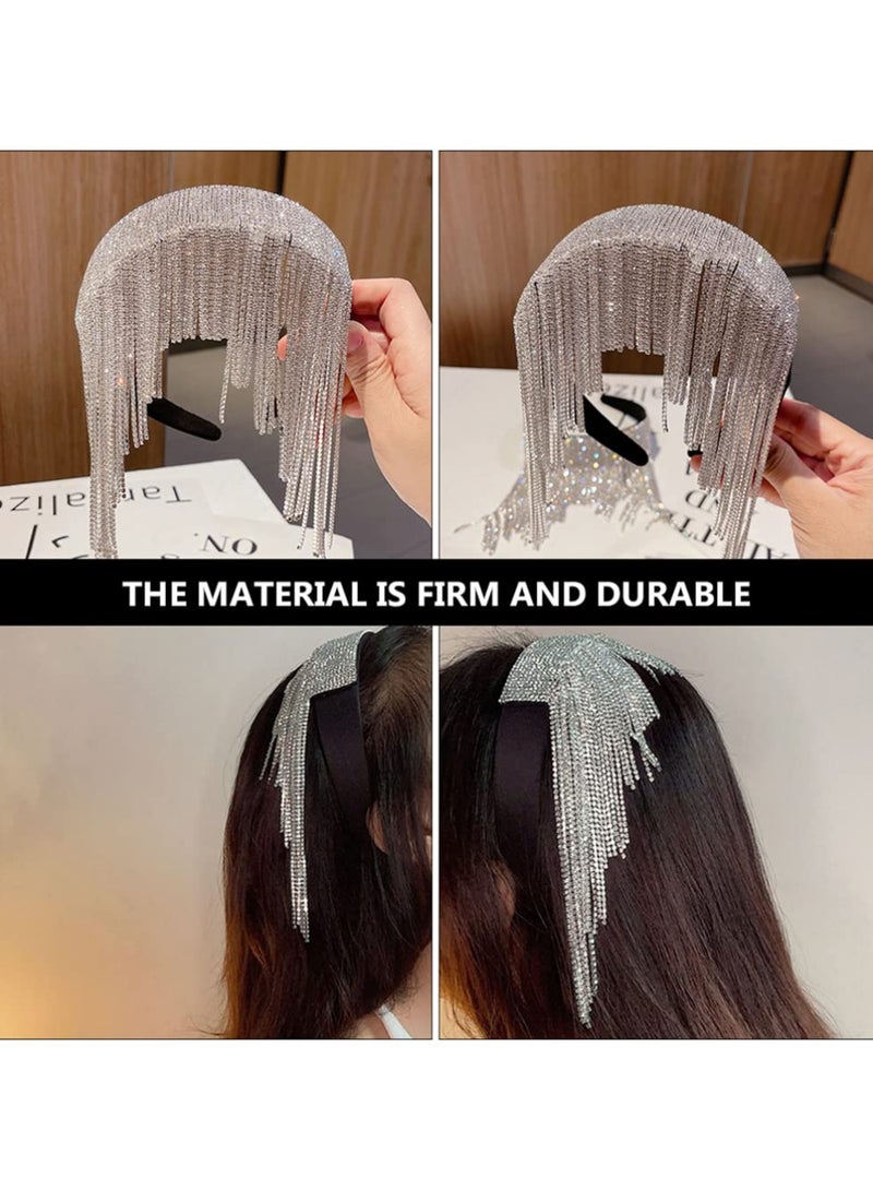 Excefore Silver Rhinestone Tassel Headband Sparkly Diamond Tassel Hairband Crystal Headwear Beaded Wedding Headpiece Accessories for Women and Girls - Image 3
