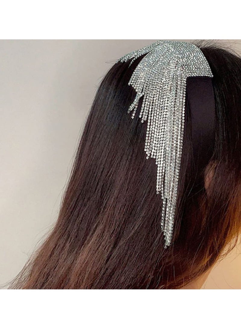 Excefore Silver Rhinestone Tassel Headband Sparkly Diamond Tassel Hairband Crystal Headwear Beaded Wedding Headpiece Accessories for Women and Girls - Image 2