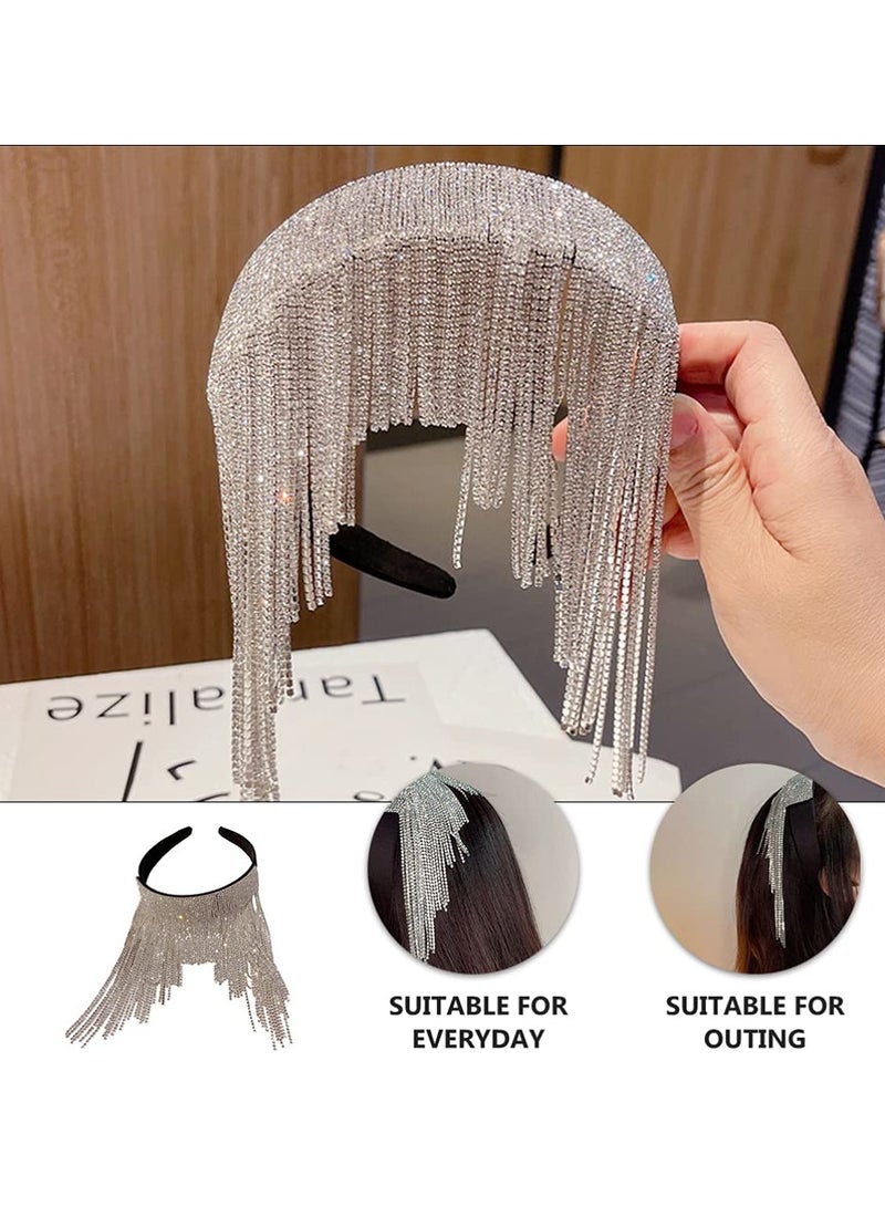 Excefore Silver Rhinestone Tassel Headband Sparkly Diamond Tassel Hairband Crystal Headwear Beaded Wedding Headpiece Accessories for Women and Girls - Image 4