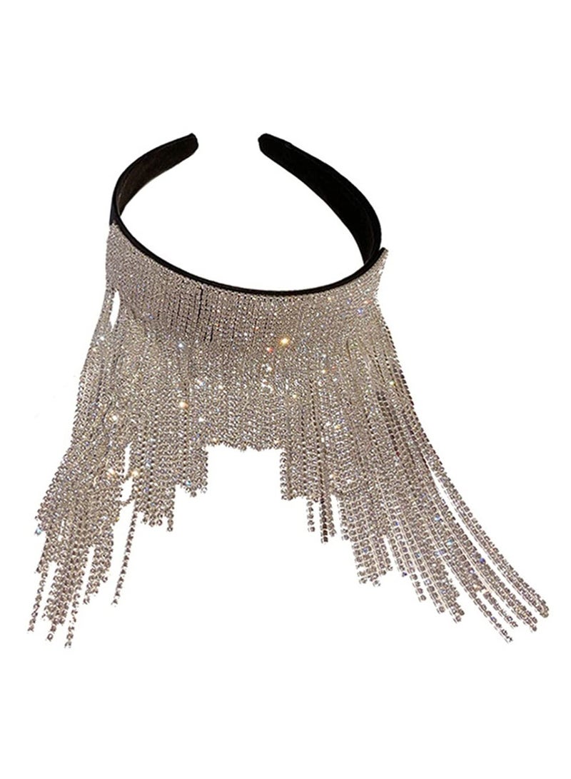 Excefore Silver Rhinestone Tassel Headband Sparkly Diamond Tassel Hairband Crystal Headwear Beaded Wedding Headpiece Accessories for Women and Girls - Image 5