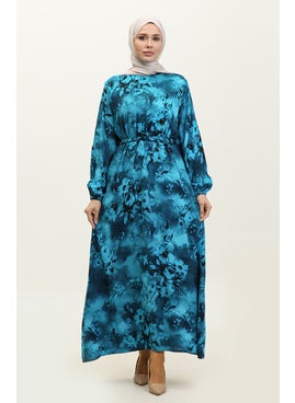 Sefa Merve Ahsen Floral Patterned Viscose Dress 0329-04 Turquoise Black  - Image 1
