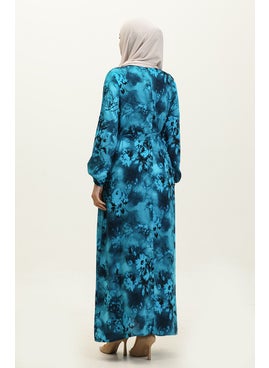 Sefa Merve Ahsen Floral Patterned Viscose Dress 0329-04 Turquoise Black  - Image 5