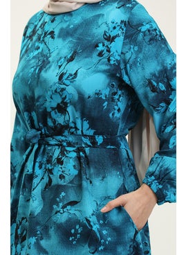 Sefa Merve Ahsen Floral Patterned Viscose Dress 0329-04 Turquoise Black  - Image 4