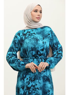 Sefa Merve Ahsen Floral Patterned Viscose Dress 0329-04 Turquoise Black  - Image 3