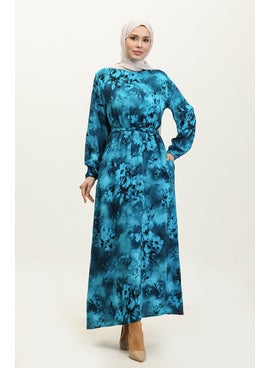 Sefa Merve Ahsen Floral Patterned Viscose Dress 0329-04 Turquoise Black  - Image 2