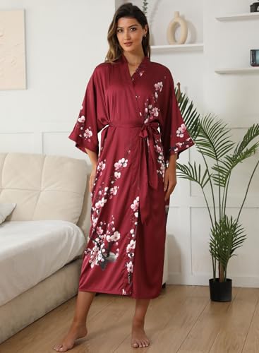 Kihnop Women's Floral Long Kimono Robe Plus Size Long Satin Robe Long Silk Robe Ladies Kimonos Silky Bathrobe Cover Up - Image 3