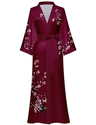 Kihnop Women's Floral Long Kimono Robe Plus Size Long Satin Robe Long Silk Robe Ladies Kimonos Silky Bathrobe Cover Up - Image 1