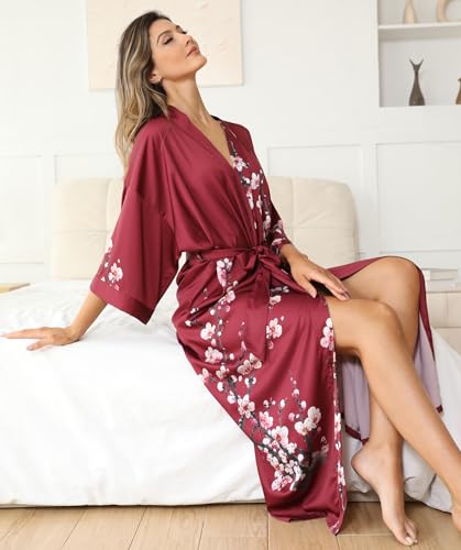 Kihnop Women's Floral Long Kimono Robe Plus Size Long Satin Robe Long Silk Robe Ladies Kimonos Silky Bathrobe Cover Up - Image 5